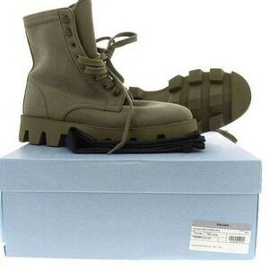 NIB Prada Khaki Canvas‎ Lace Up Combat Boots Women Size 39.5